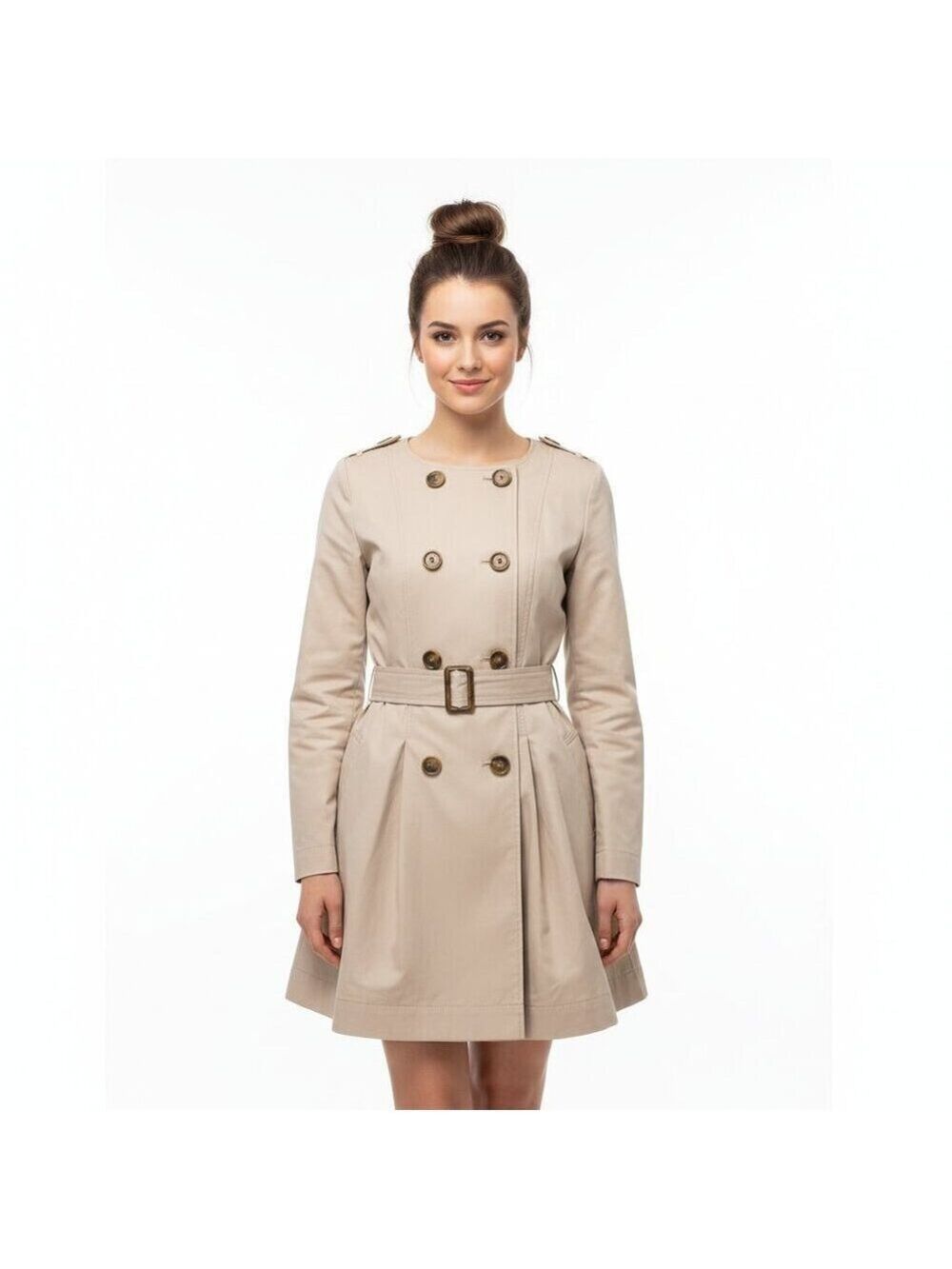 Jill Stuart Beige Ruffle Hem Collarless Trench Coat Lightweight Cotton  0280